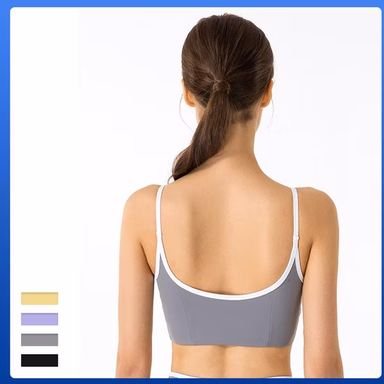 セクシーな美しいハーネスバックスポーツ下着薄型ショルダーストラップ女性コントラストカラーベストヨガアウター胸パッドフィットネスブラジャー付き
