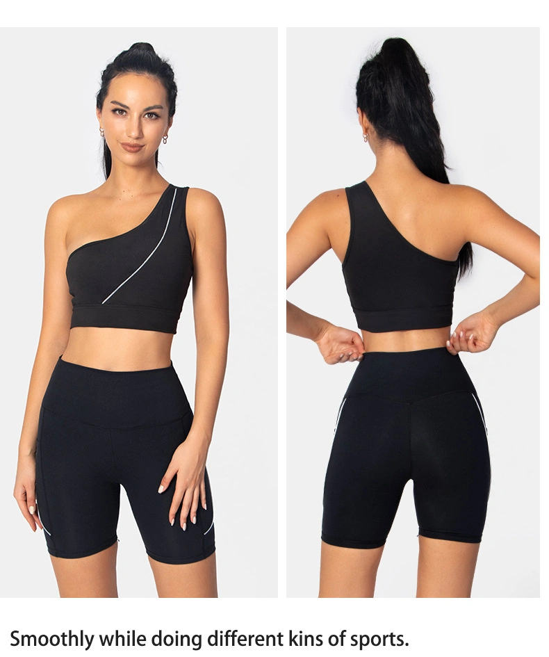 Black Quick Dry One Shoulder Bra and Shorts Yoga Suit Women Sports Wear Gym Oufits Set