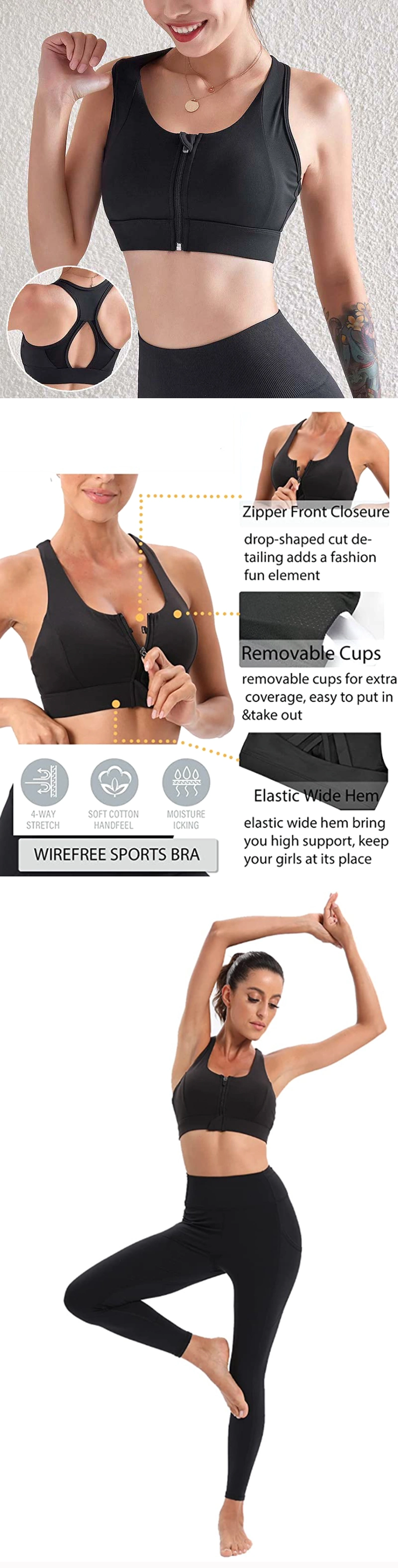 Factory Wholesale Hot Sexy Zip Front Activewear Sports Bra for Women, Custom Logo Sexy Hollow Back Wireless Bra with Removable Cups Zipper Yoga Top Bras